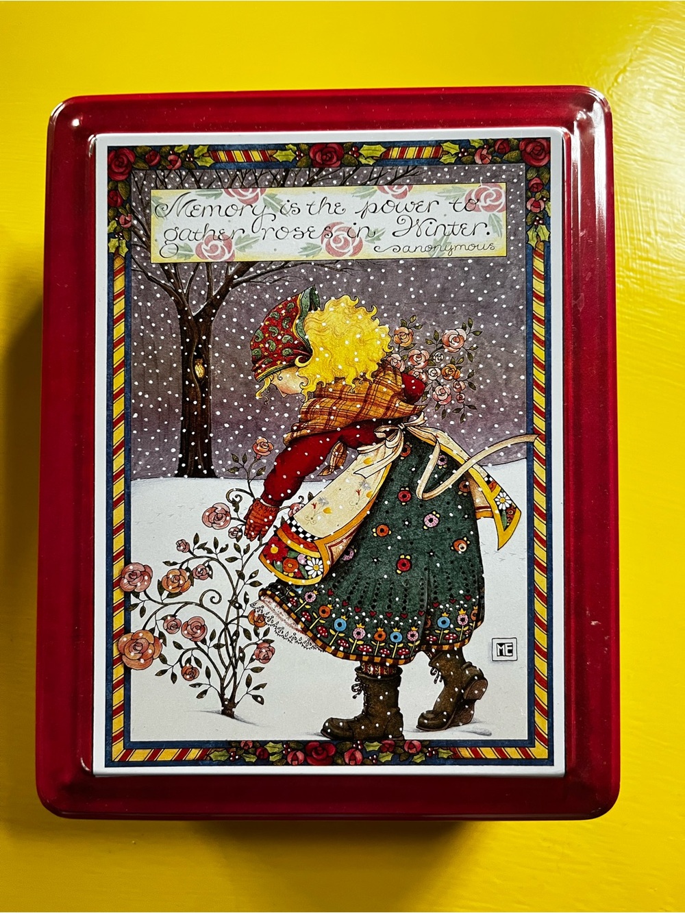 Mary Engelbreit Winter Daisy Kingdom Rose Vintage Christmas Tin & Hardcover Book